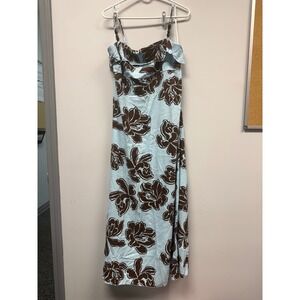 Paper Heart Linen Blend Floral Maxi Dress Blue Brown Beaded Straps NWT